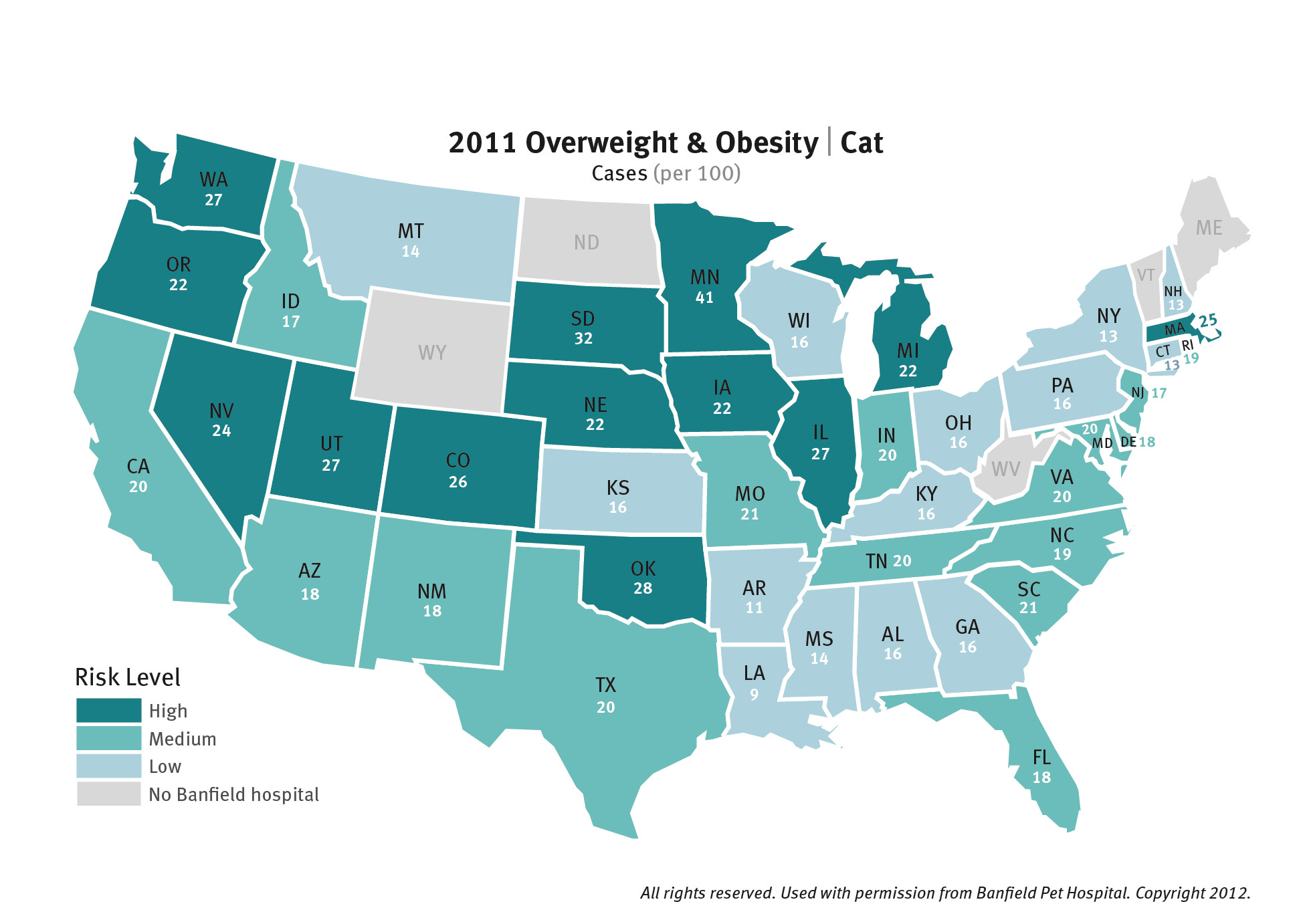 Map depicting feline obesity levels in the United States by state